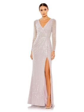 mac duggal sequin tiered long sleeve tulle dress Mac Duggal Beaded Tulle Long-Sleeve A-Line Gown